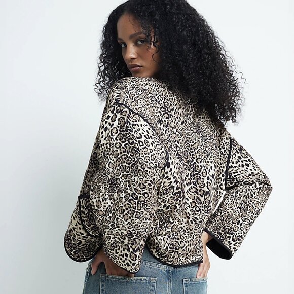 NWT! Leopard Animal Print Crop Quilted Puffer Jacket Open Front Lightweight Coat - Picture 4 of 10